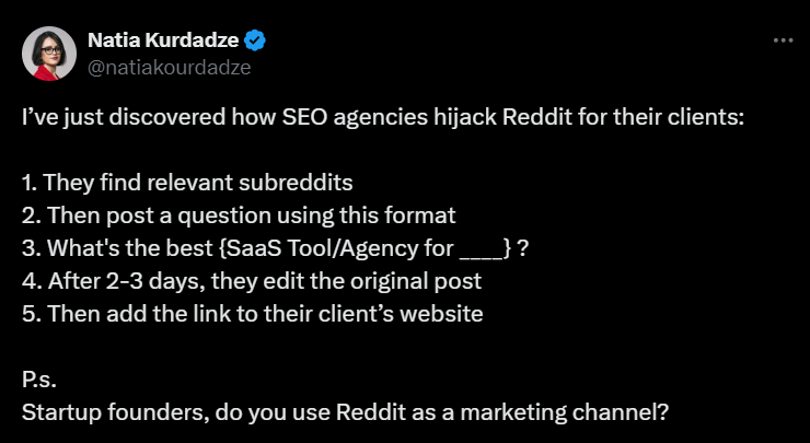 Natia Kourdadze tweet on Reddit hijacking seo tactic